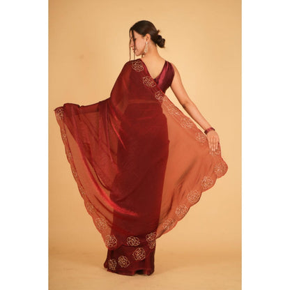 Isadora Life Womens Sequined Maroon Pre-Draped Saree With Unstitched Blouse