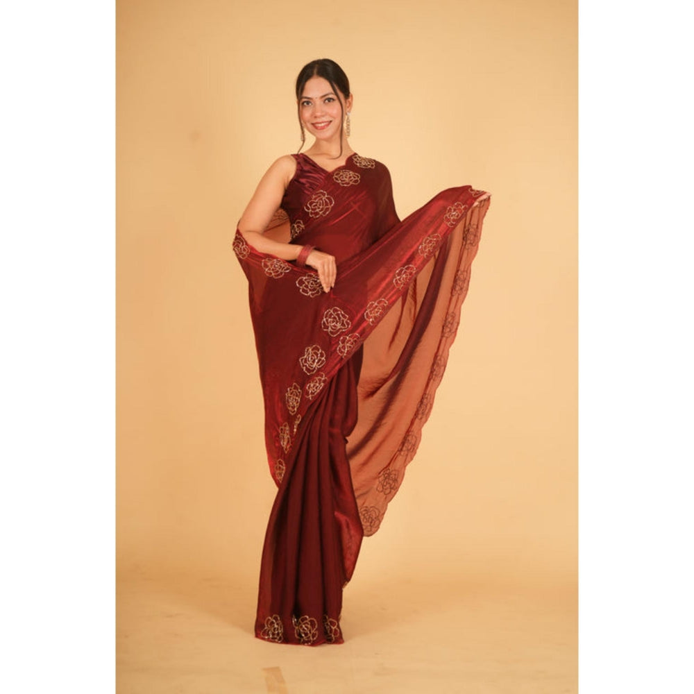 Isadora Life Womens Sequined Maroon Pre-Draped Saree With Unstitched Blouse