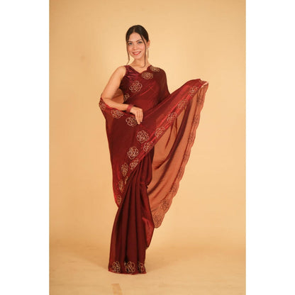 Isadora Life Womens Sequined Maroon Pre-Draped Saree With Unstitched Blouse