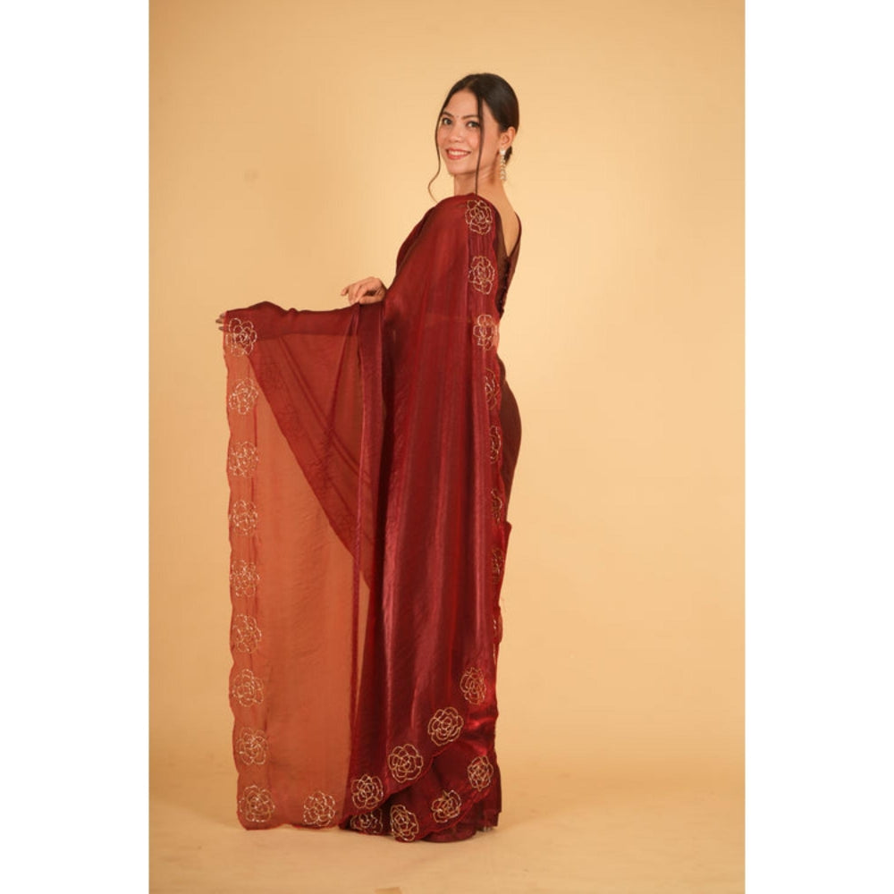 Isadora Life Womens Sequined Maroon Pre-Draped Saree With Unstitched Blouse