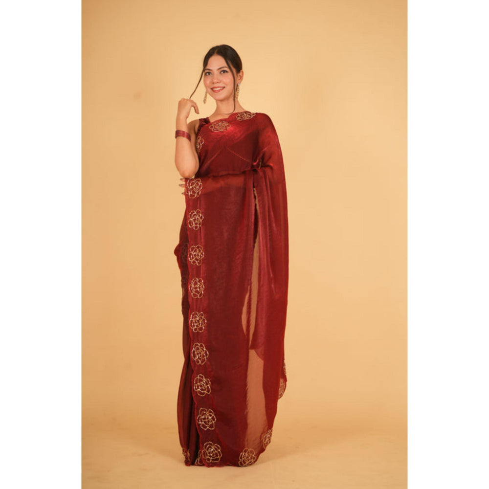 Isadora Life Womens Sequined Maroon Pre-Draped Saree With Unstitched Blouse