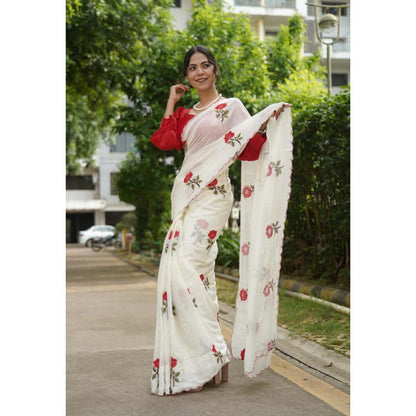 Isadora Life Womens Embroidered White Pre-Draped Saree With Unstitched Blouse