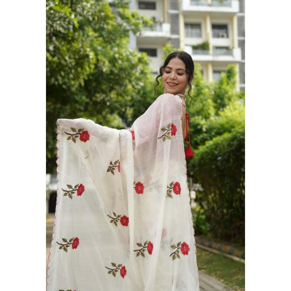 Isadora Life Womens Embroidered White Pre-Draped Saree With Unstitched Blouse