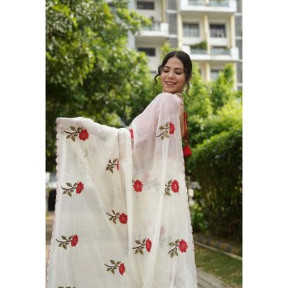 Isadora Life Womens Embroidered White Pre-Draped Saree With Unstitched Blouse