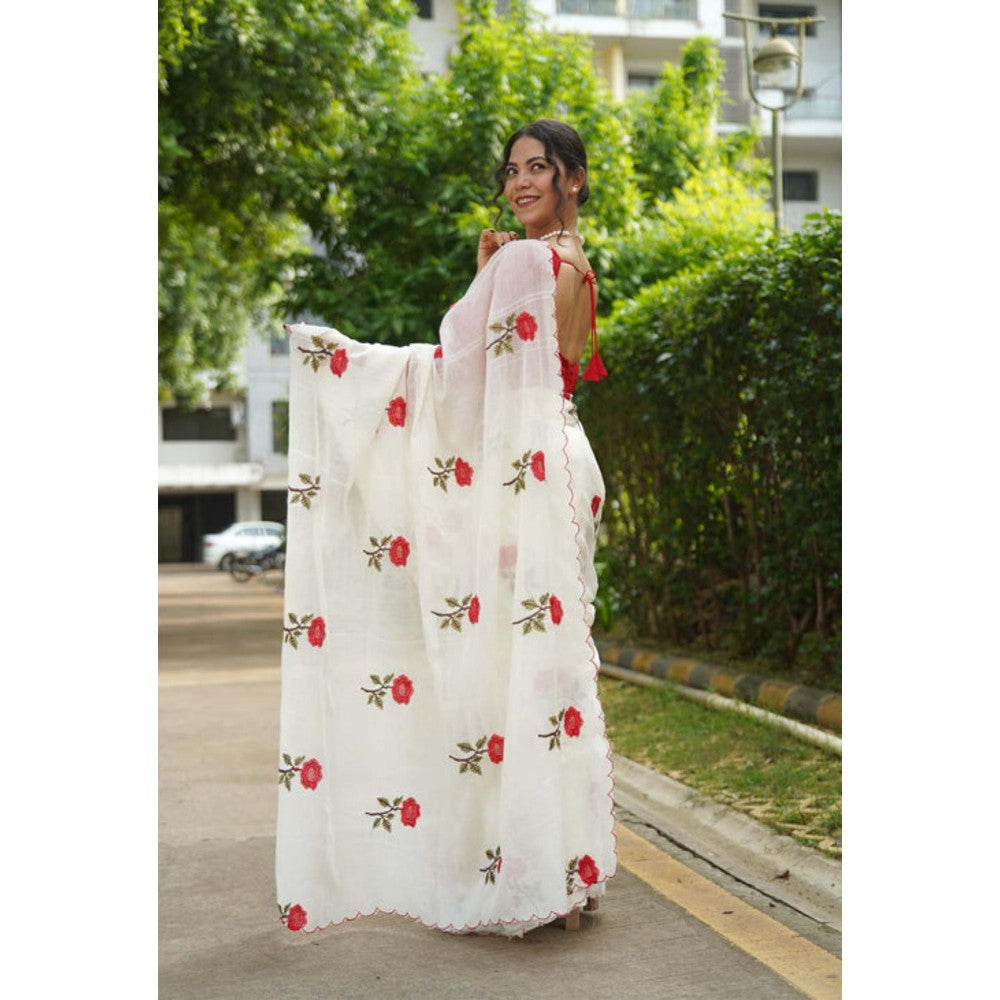 Isadora Life Womens Embroidered White Pre-Draped Saree With Unstitched Blouse