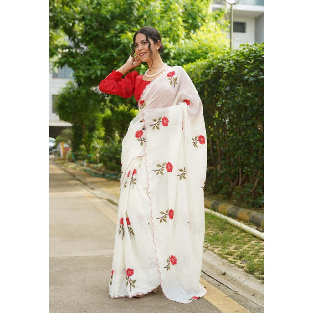 Isadora Life Womens Embroidered White Pre-Draped Saree With Unstitched Blouse