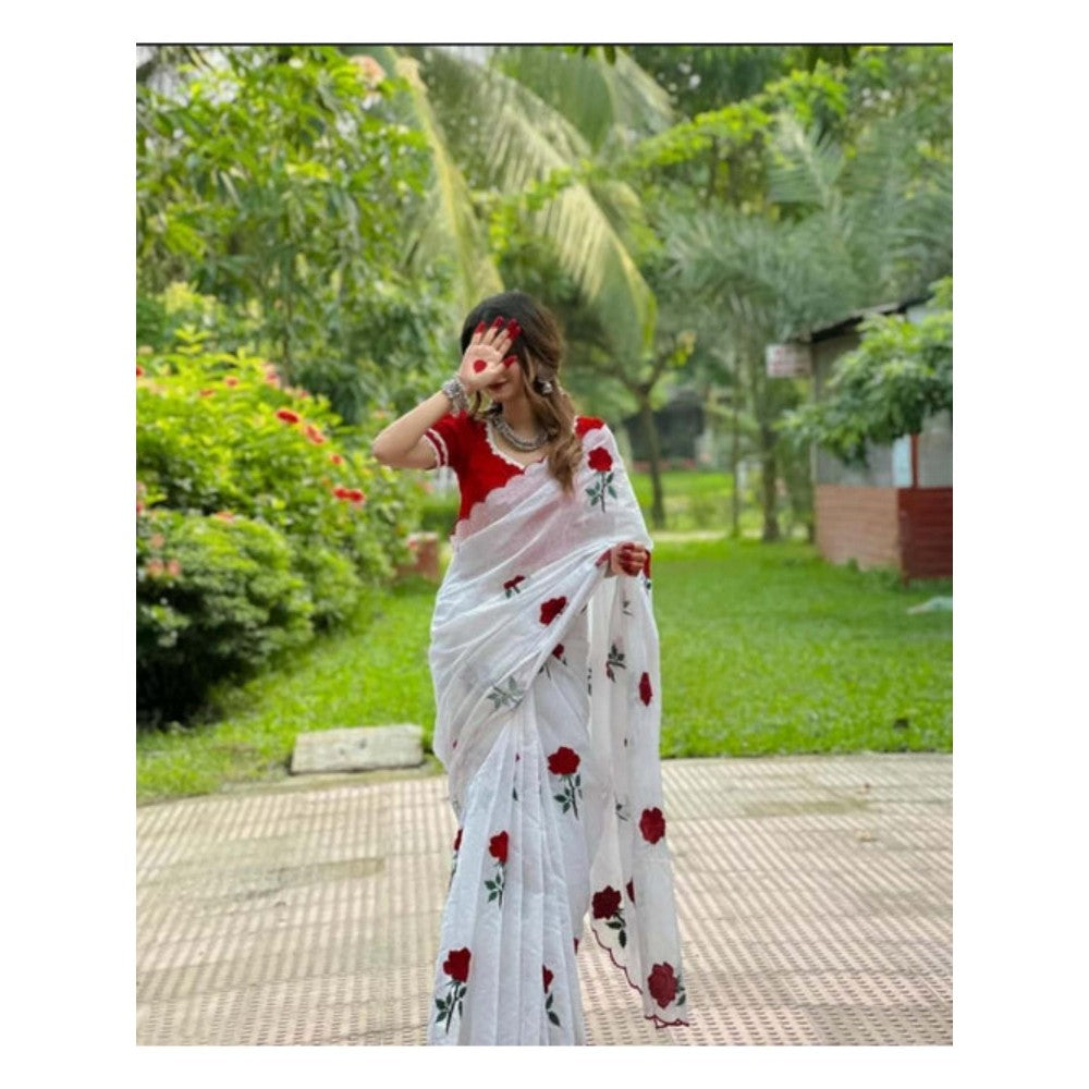 Isadora Life Womens Embroidered White Pre-Draped Saree With Unstitched Blouse