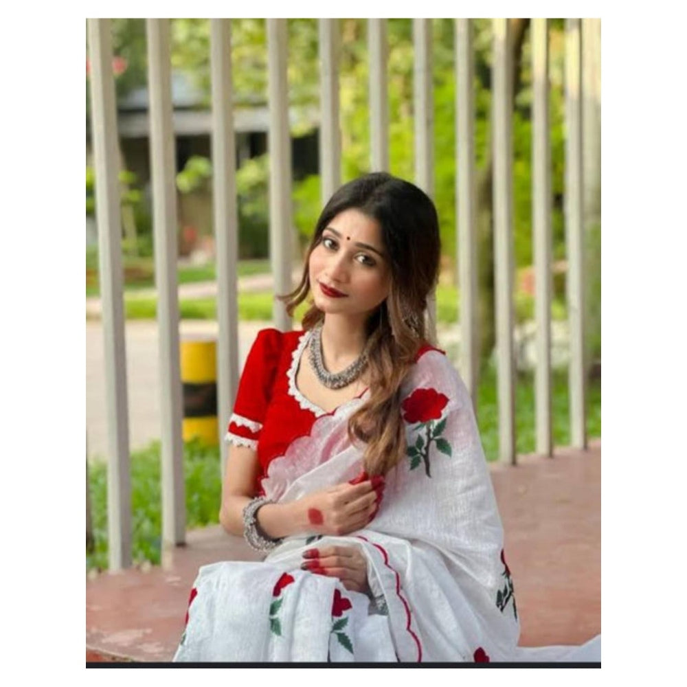 Isadora Life Womens Embroidered White Pre-Draped Saree With Unstitched Blouse