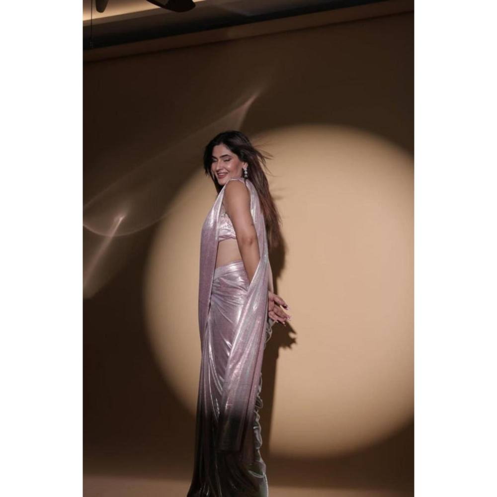 Isadora Life Womens Sequined Mauve Pre-Draped Saree With Unstitched Blouse