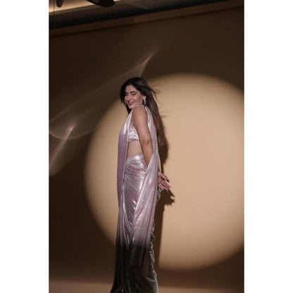 Isadora Life Womens Sequined Mauve Pre-Draped Saree With Unstitched Blouse