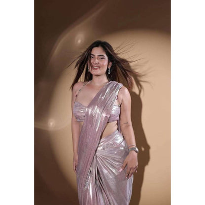 Isadora Life Womens Sequined Mauve Pre-Draped Saree With Unstitched Blouse