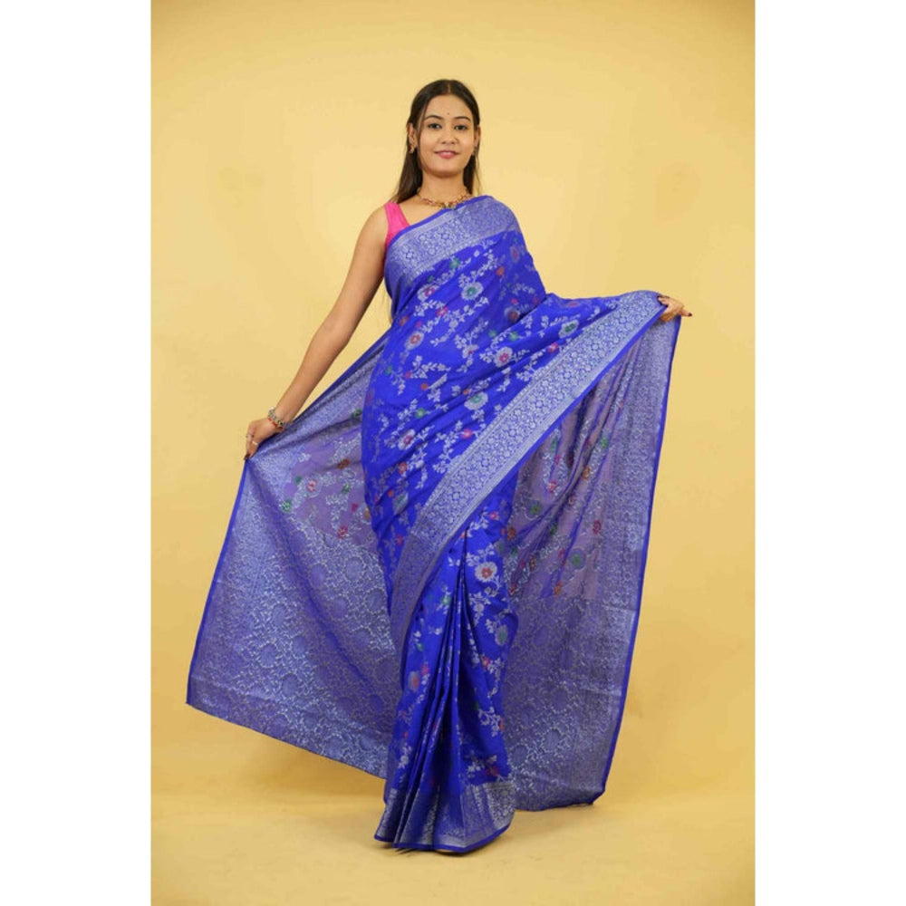 Isadora Life Womens Woven Zari Blue Pre-Draped Saree With Unstitched Blouse