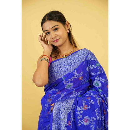 Isadora Life Womens Woven Zari Blue Pre-Draped Saree With Unstitched Blouse
