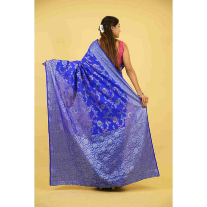 Isadora Life Womens Woven Zari Blue Pre-Draped Saree With Unstitched Blouse