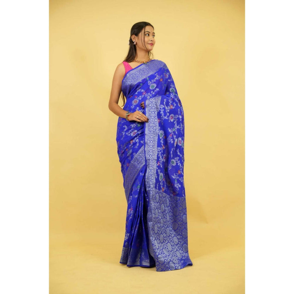 Isadora Life Womens Woven Zari Blue Pre-Draped Saree With Unstitched Blouse