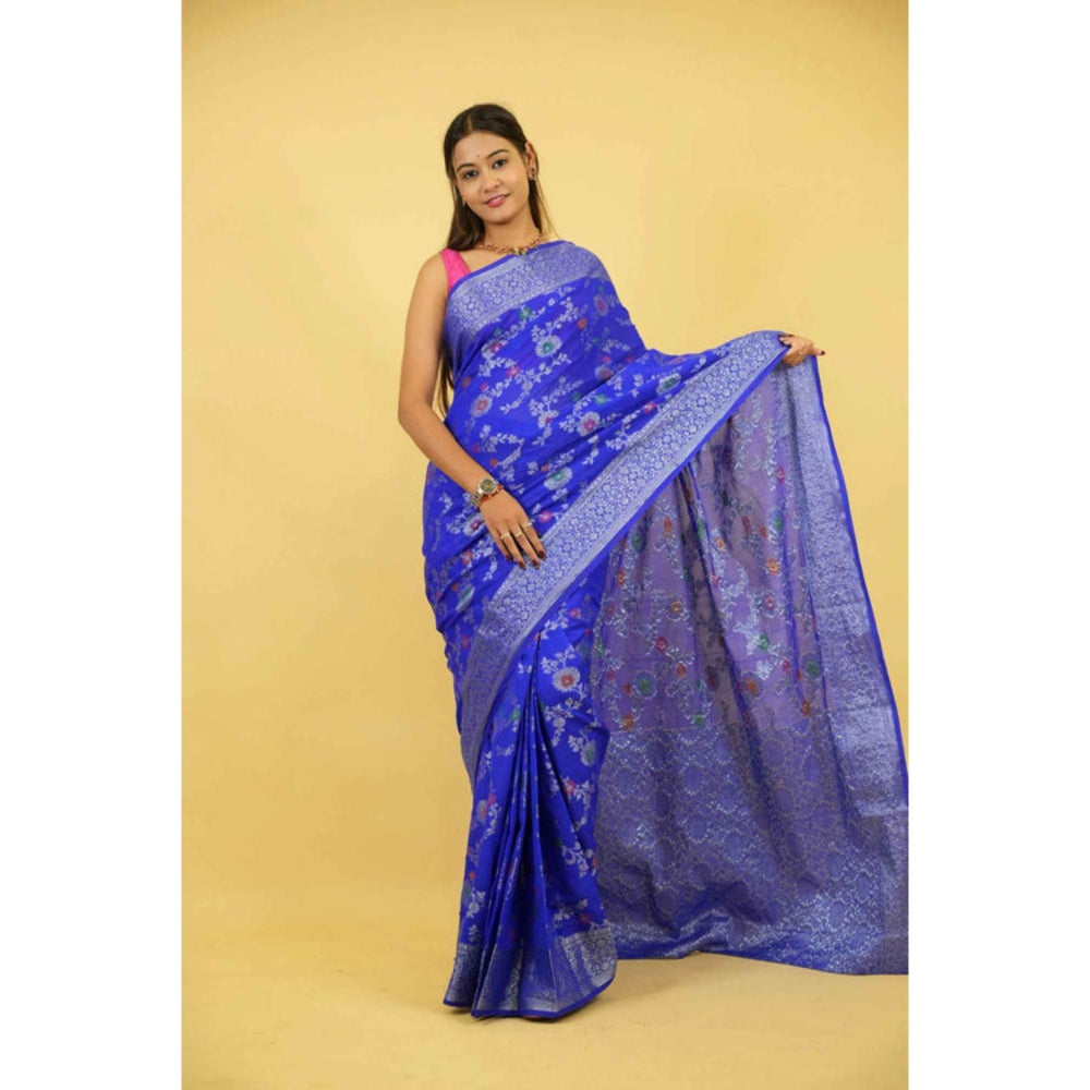 Isadora Life Womens Woven Zari Blue Pre-Draped Saree With Unstitched Blouse