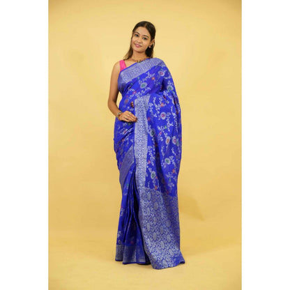 Isadora Life Womens Woven Zari Blue Pre-Draped Saree With Unstitched Blouse
