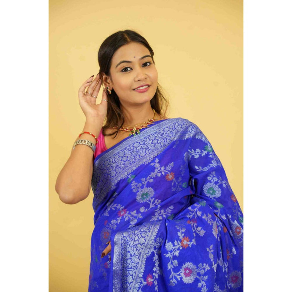 Isadora Life Womens Woven Zari Blue Pre-Draped Saree With Unstitched Blouse