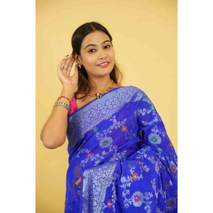 Isadora Life Womens Woven Zari Blue Pre-Draped Saree With Unstitched Blouse