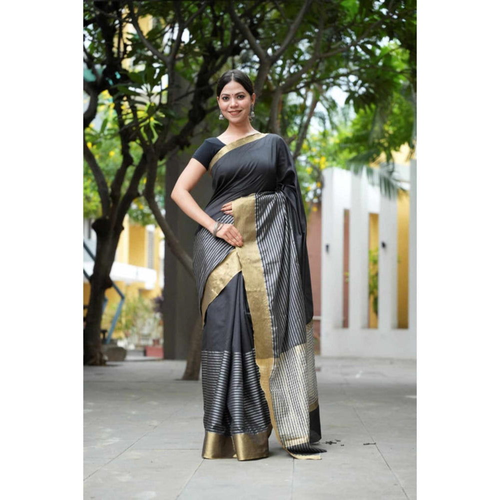 Isadora Life Womens Stripes Zari Black Pre-Draped Saree With Unstitched Blouse