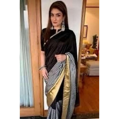 Isadora Life Womens Stripes Zari Black Pre-Draped Saree With Unstitched Blouse