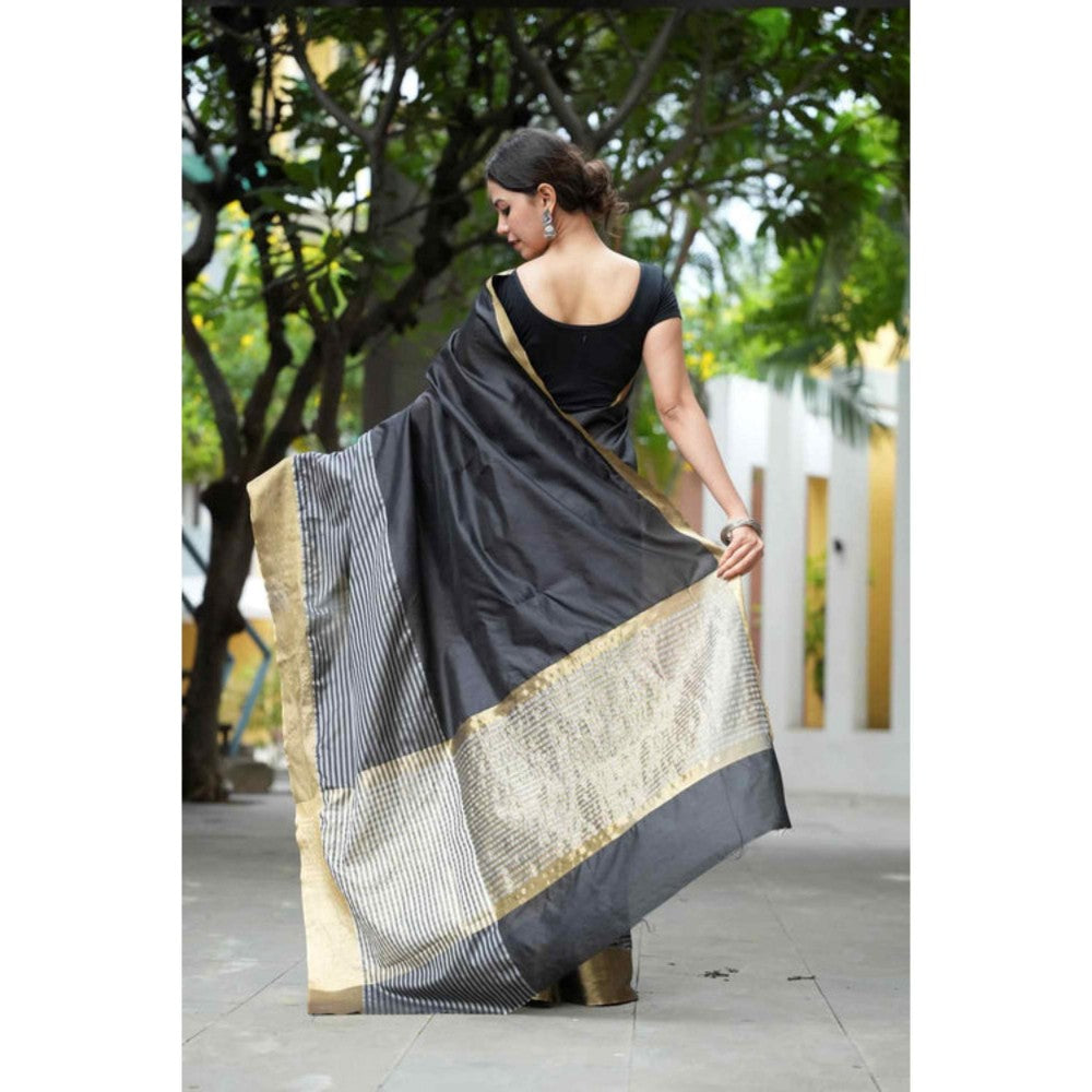 Isadora Life Womens Stripes Zari Black Pre-Draped Saree With Unstitched Blouse