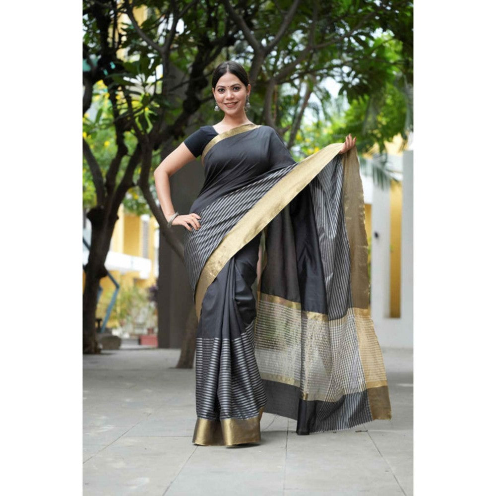 Isadora Life Womens Stripes Zari Black Pre-Draped Saree With Unstitched Blouse