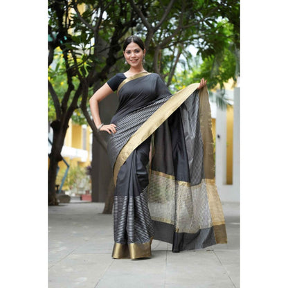 Isadora Life Womens Stripes Zari Black Pre-Draped Saree With Unstitched Blouse