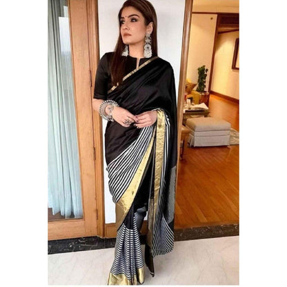 Isadora Life Womens Stripes Zari Black Pre-Draped Saree With Unstitched Blouse