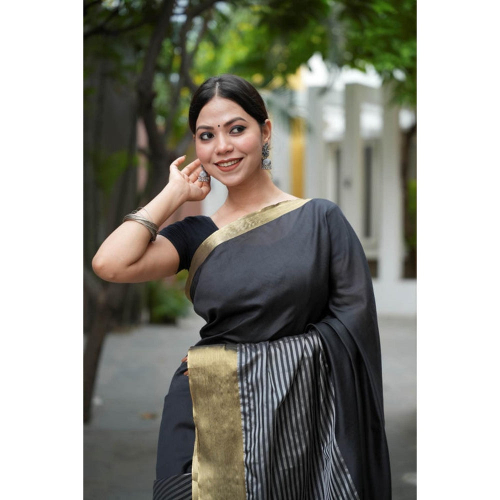 Isadora Life Womens Stripes Zari Black Pre-Draped Saree With Unstitched Blouse