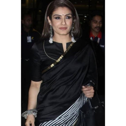 Isadora Life Womens Stripes Zari Black Pre-Draped Saree With Unstitched Blouse