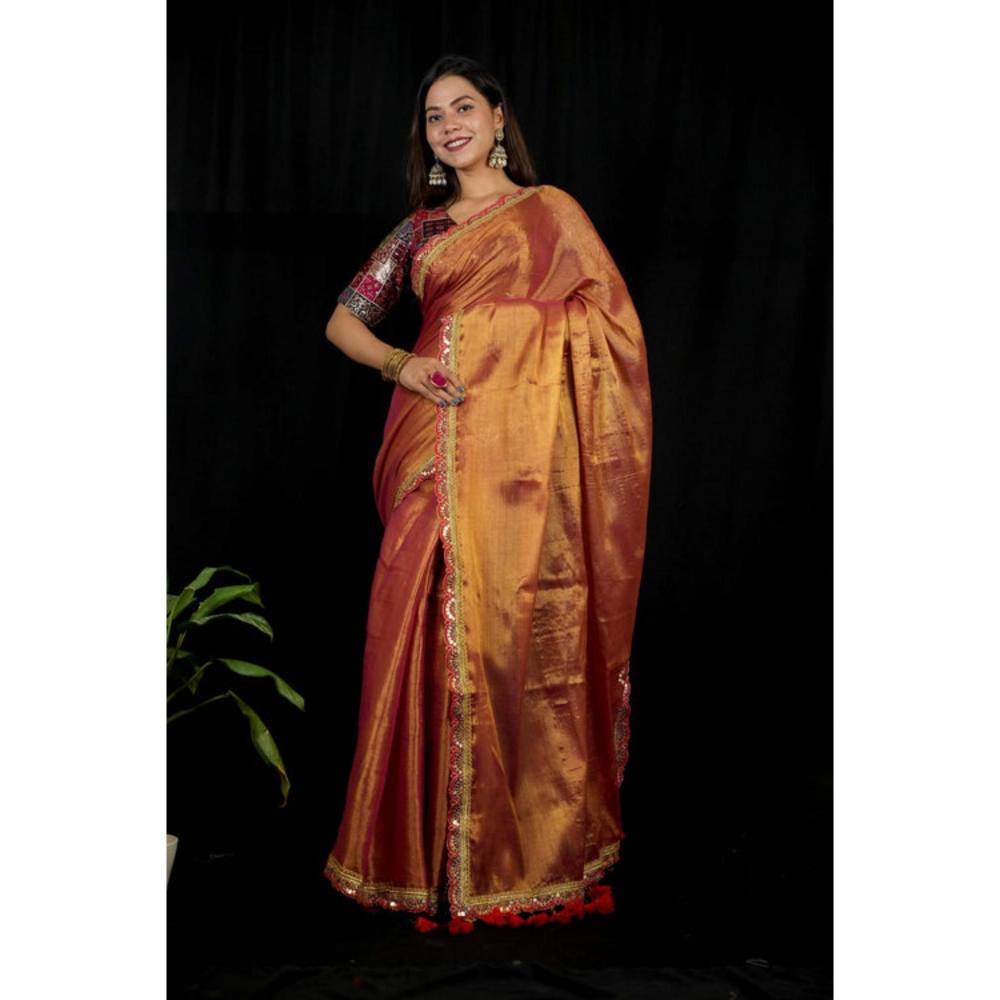 Isadora Life Womens Solid Tassels Copper Pre-Draped Saree With Unstitched Blouse