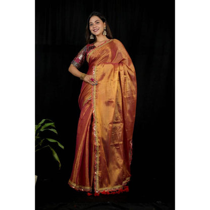 Isadora Life Womens Solid Tassels Copper Pre-Draped Saree With Unstitched Blouse