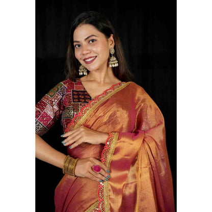 Isadora Life Womens Solid Tassels Copper Pre-Draped Saree With Unstitched Blouse