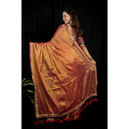 Isadora Life Womens Solid Tassels Copper Pre-Draped Saree With Unstitched Blouse