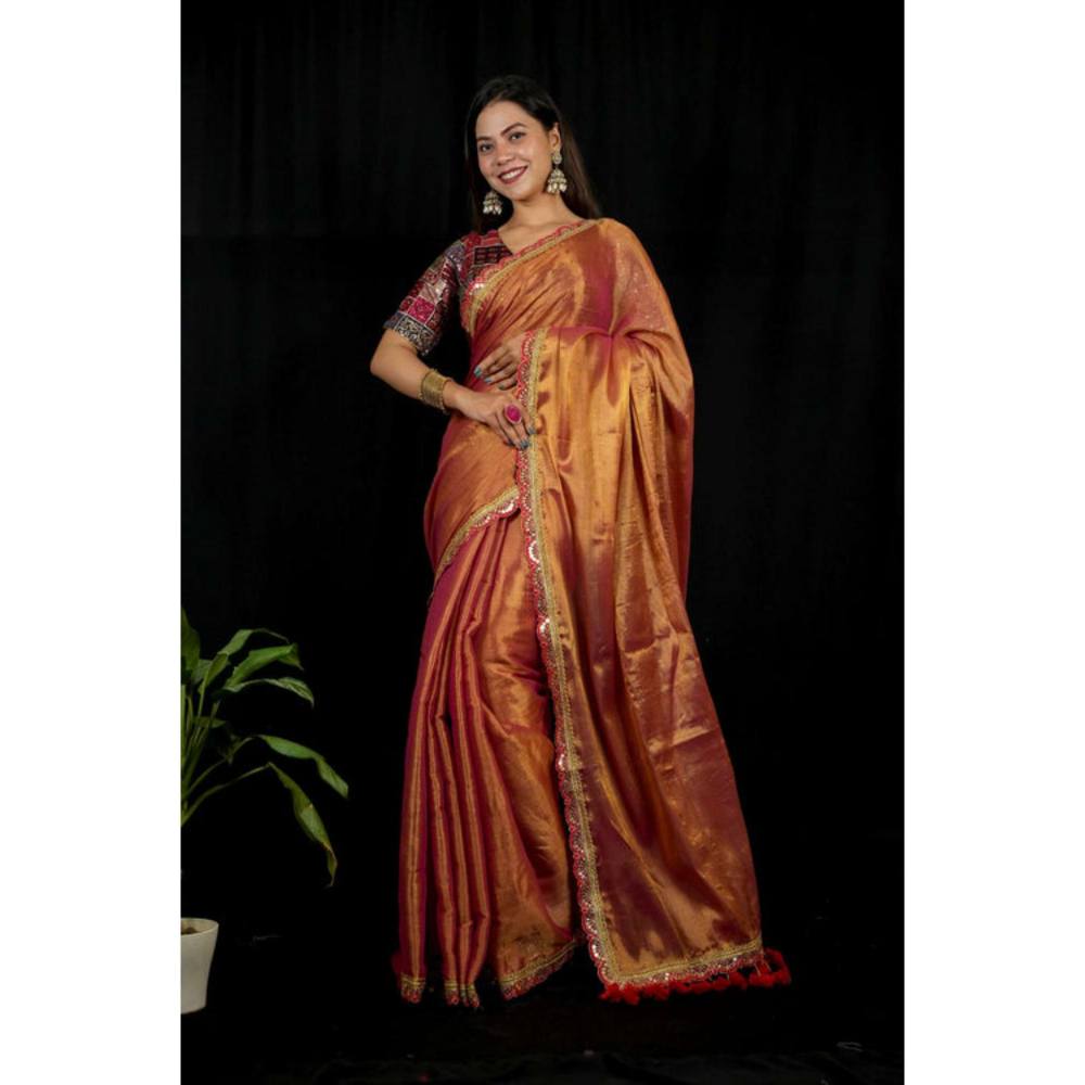 Isadora Life Womens Solid Tassels Copper Pre-Draped Saree With Unstitched Blouse