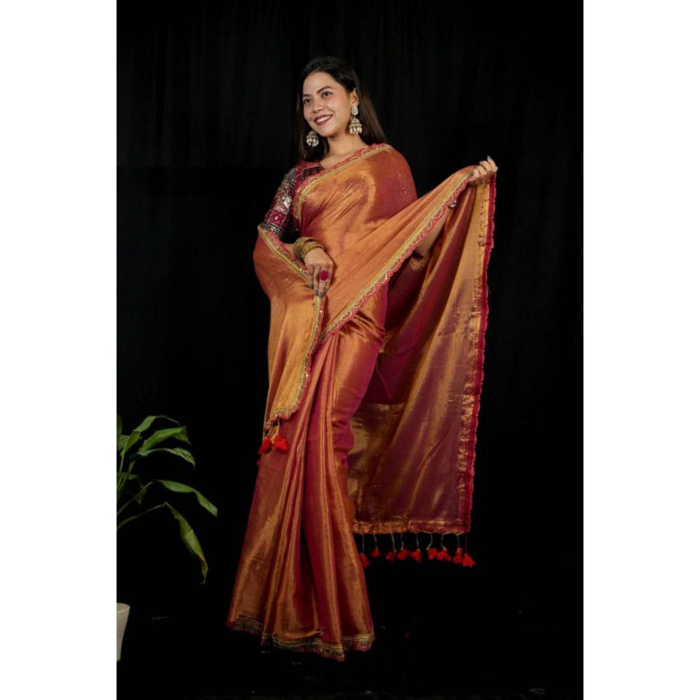 Isadora Life Womens Solid Tassels Copper Pre-Draped Saree With Unstitched Blouse