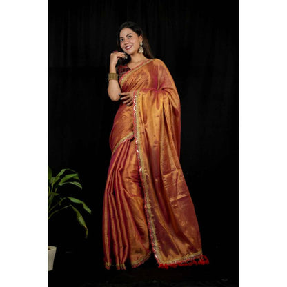 Isadora Life Womens Solid Tassels Copper Pre-Draped Saree With Unstitched Blouse