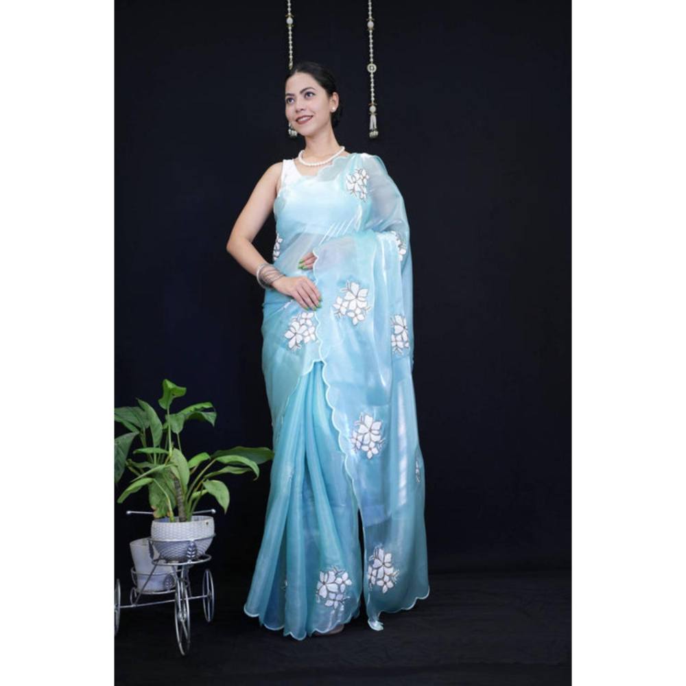Isadora Life Womens Floral Embroidered Blue Pre-Draped Saree With Unstitched Blouse