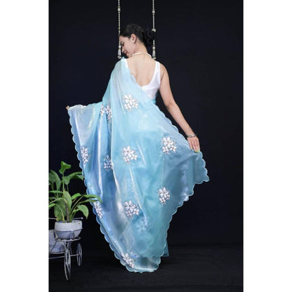 Isadora Life Womens Floral Embroidered Blue Pre-Draped Saree With Unstitched Blouse