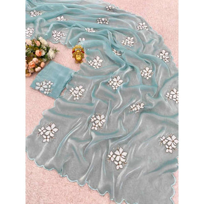 Isadora Life Womens Floral Embroidered Blue Pre-Draped Saree With Unstitched Blouse