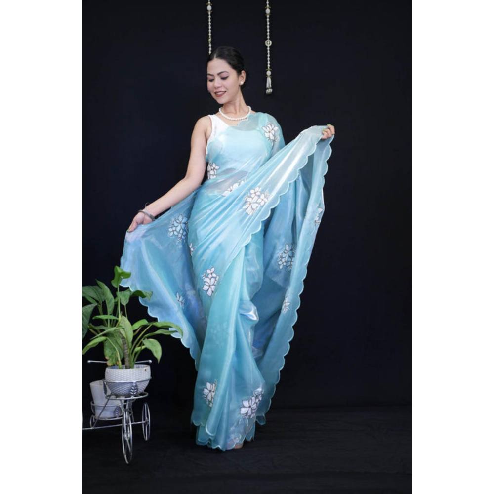 Isadora Life Womens Floral Embroidered Blue Pre-Draped Saree With Unstitched Blouse