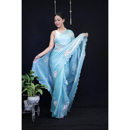 Isadora Life Womens Floral Embroidered Blue Pre-Draped Saree With Unstitched Blouse