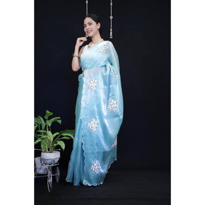 Isadora Life Womens Floral Embroidered Blue Pre-Draped Saree With Unstitched Blouse