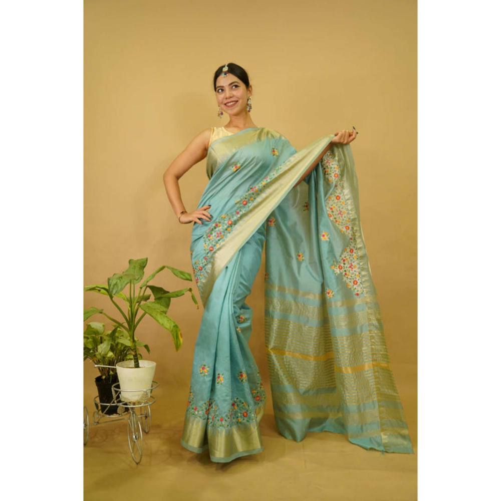 Isadora Life Womens Floral Embroidered Blue Pre-Draped Saree With Unstitched Blouse