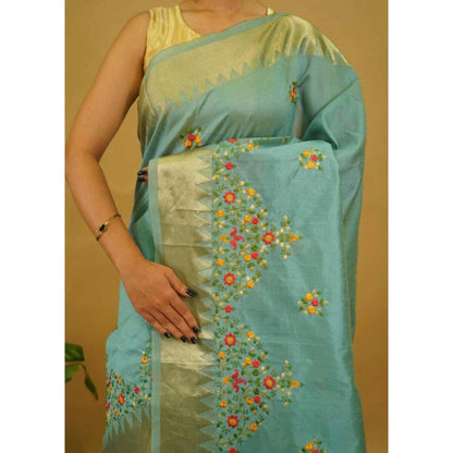 Isadora Life Womens Floral Embroidered Blue Pre-Draped Saree With Unstitched Blouse