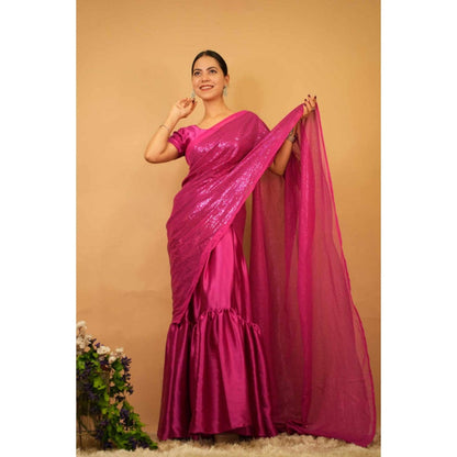 Isadora Life Womens Embroidered Sequined Pink Pre-Draped Saree With Unstitched Blouse