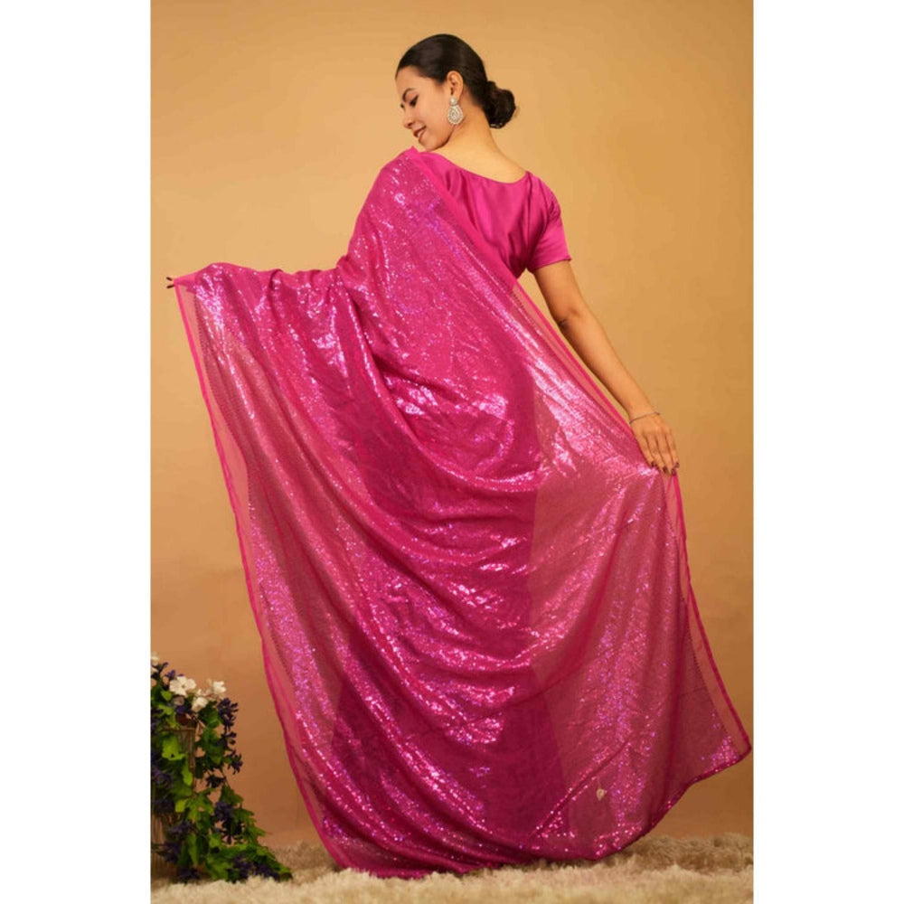 Isadora Life Womens Embroidered Sequined Pink Pre-Draped Saree With Unstitched Blouse
