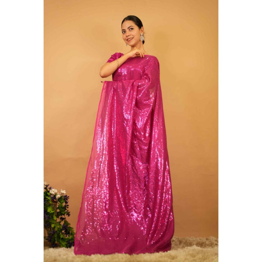 Isadora Life Womens Embroidered Sequined Pink Pre-Draped Saree With Unstitched Blouse