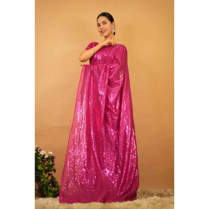 Isadora Life Womens Embroidered Sequined Pink Pre-Draped Saree With Unstitched Blouse
